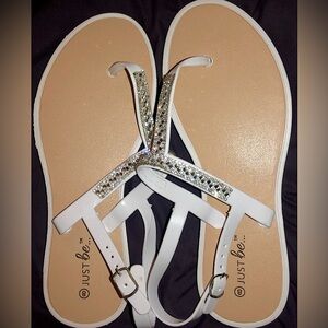 Just Be Ankle Strap Sandals White With Rhinestones & Beads Size 8 Vacation Beach